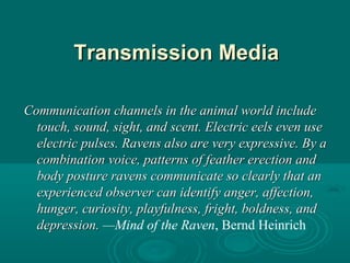 Transmission MediaTransmission Media
Communication channels in the animal world includeCommunication channels in the animal world include
touch, sound, sight, and scent. Electric eels even usetouch, sound, sight, and scent. Electric eels even use
electric pulses. Ravens also are very expressive. By aelectric pulses. Ravens also are very expressive. By a
combination voice, patterns of feather erection andcombination voice, patterns of feather erection and
body posture ravens communicate so clearly that anbody posture ravens communicate so clearly that an
experienced observer can identify anger, affection,experienced observer can identify anger, affection,
hunger, curiosity, playfulness, fright, boldness, andhunger, curiosity, playfulness, fright, boldness, and
depression.depression. —Mind of the Raven, Bernd Heinrich
 