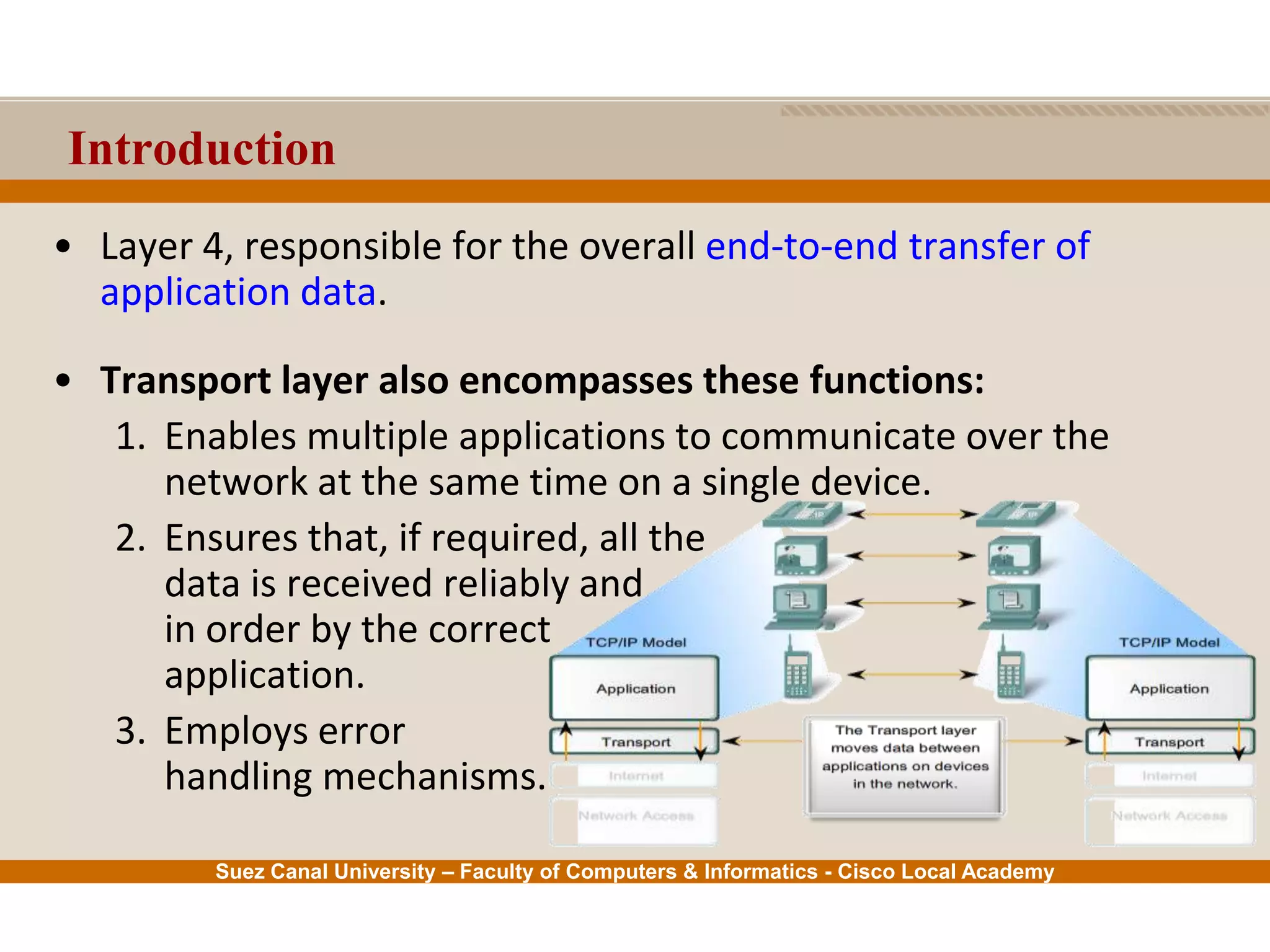 Suez Canal University – Faculty of Computers & Informatics - Cisco Local Academy
Introduction
• Layer 4, responsible for the overall end-to-end transfer of
application data.
• Transport layer also encompasses these functions:
1. Enables multiple applications to communicate over the
network at the same time on a single device.
2. Ensures that, if required, all the
data is received reliably and
in order by the correct
application.
3. Employs error
handling mechanisms.
 