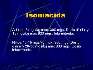 Isoniacida Adultos 5 mgs/kg max. 300 mgs. Dosis diaria  y 15 mgs/kg max 900 mgs. Intermitente. Niños 10-15 mgs/kg max. 300 mgs. Dosis diaria y 20-30 mgs/kg max 900 mgs. Dosis intermitente. 