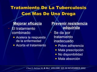 Tratamiento De La Tuberculosis Con Mas De Una Droga Mejorar eficacia El tratamiento combinado Acelera la respuesta de la enfermedad Acorta el tratamiento   Prevenir resistencia adquirida Se da por tratamiento inadecuado Pobre adherencia Mala prescripción No disponibilidad Mala absorción Chan E, Iseman M,  BMJ  VOLUME 325 30 NOVEMBER 2002 