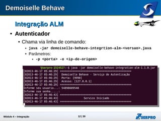 Módulo 4 – Integração ALM 12
Integração ALMIntegração ALM

AutenticadorAutenticador
 Chamada via linha de comando:
 java -jar demoiselle-behave-integrtion-alm-<versao>.java
 Parâmetros:
 -p <porta> -o <ip-de-origem>
 