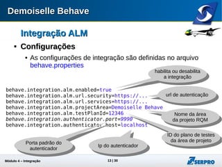 Módulo 4 – Integração ALM 13
Integração ALMIntegração ALM

ConfiguraçõesConfigurações
 As configurações de integração são definidas no arquivo
behave.properties
behave.integration.alm.enabled=true
behave.integration.alm.url.security=https://...
behave.integration.alm.url.services=https://...
behave.integration.alm.projectArea=Demoiselle Behave
behave.integration.alm.testPlanId=12346
behave.integration.authenticator.port=9990
behave.integration.authenticator.host=localhost
habilita ou desabilita
a integração
ID do plano de testes
da área de projeto
url de autenticação
Nome da área
da projeto RQM
Porta padrão do
autenticador
Ip do autenticador
 