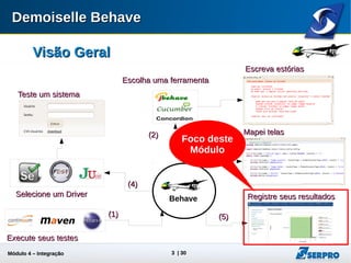 Módulo 4 – Integração ALM 3
Visão GeralVisão Geral
6) acessar sistema
5) selecionar motor de execução
1) iniciar teste
3) ler histórias
4) ler mapeamentos de tela
7) registrar resultados
2) selecionar motor BDD
Alvo doAlvo do
Módulo 4Módulo 4
 