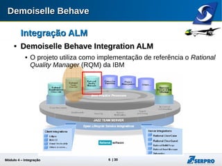 Módulo 4 – Integração ALM 6
Integração ALMIntegração ALM

Demoiselle Behave Integration ALMDemoiselle Behave Integration ALM
 O projeto utiliza como implementação de referência o Rational
Quality Manager (RQM) da IBM
 