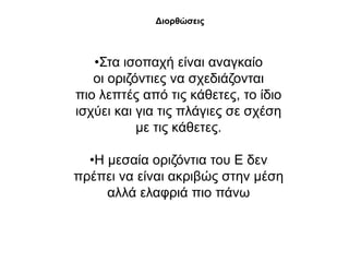 Δηνξζώζεηο



   •΢ηα ηζνπαρή είλαη αλαγθαίν
   νη νξηδόληηεο λα ζρεδηάδνληαη
πην ιεπηέο από ηηο θάζεηεο, ην ίδην
ηζρύεη θαη γηα ηηο πιάγηεο ζε ζρέζε
           κε ηηο θάζεηεο.

  •Η κεζαία νξηδόληηα ηνπ Δ δελ
πξέπεη λα είλαη αθξηβώο ζηελ κέζε
     αιιά ειαθξηά πην πάλσ
 