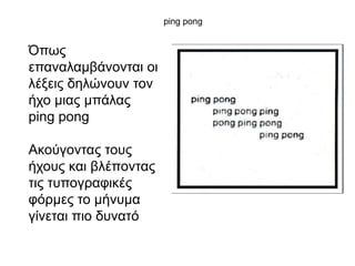 ping pong


Όπσο
επαλαιακβάλνληαη νη
ιέμεηο δειώλνπλ ηνλ
ήρν κηαο κπάιαο
ping pong

Αθνύγνληαο ηνπο
ήρνπο θαη βιέπνληαο
ηηο ηππνγξαθηθέο
θόξκεο ην κήλπκα
γίλεηαη πην δπλαηό
 