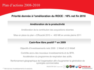 Plan d’actions 2008-2010

                Priorité donnée à l’amélioration du ROCE : 10% net fin 2010


                                         Amélioration de la productivité

                             Amélioration de la contribution des acquisitions récentes

                  Mise en place du plan « Efficacité 2010 » : 400 M€ en année pleine 2011


                                        Cash-flow libre positif (1) en 2009

                            Objectifs d’investissements nets 2009 : 2 Mds€ à 2,5 Mds€

                             Contrôle accru des nouveaux investissements et du BFR.
                                Accélération du programme de respiration des actifs.

              Renforcement géographique de l’organisation afin d’augmenter la génération de
                                      synergies commerciales
                                                        INVESTOR DAY October 2008   25
(1)
      Net de tous investissements et cessions
 