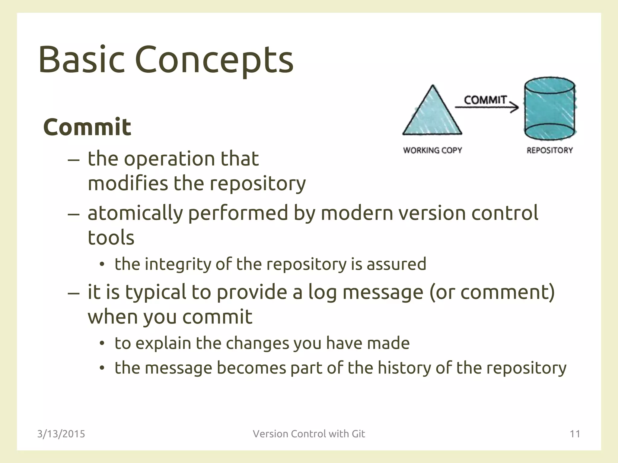 Basic Concepts
Commit
– the operation that
modifies the repository
– atomically performed by modern version control
tools
• the integrity of the repository is assured
– it is typical to provide a log message (or comment)
when you commit
• to explain the changes you have made
• the message becomes part of the history of the repository
3/13/2015 Version Control with Git 11
 