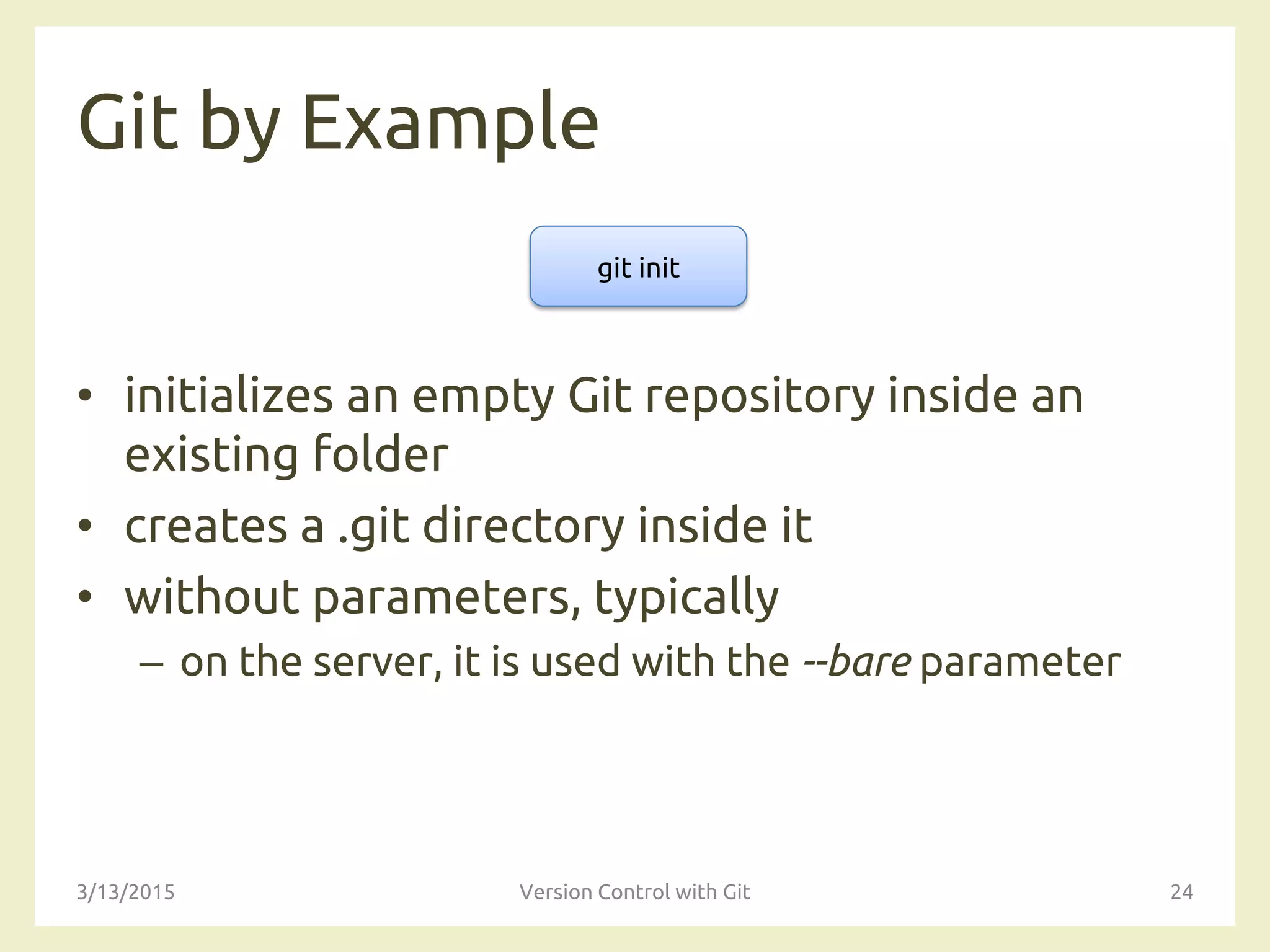 Git by Example
• initializes an empty Git repository inside an
existing folder
• creates a .git directory inside it
• without parameters, typically
– on the server, it is used with the --bare parameter
3/13/2015 Version Control with Git 24
git init
 