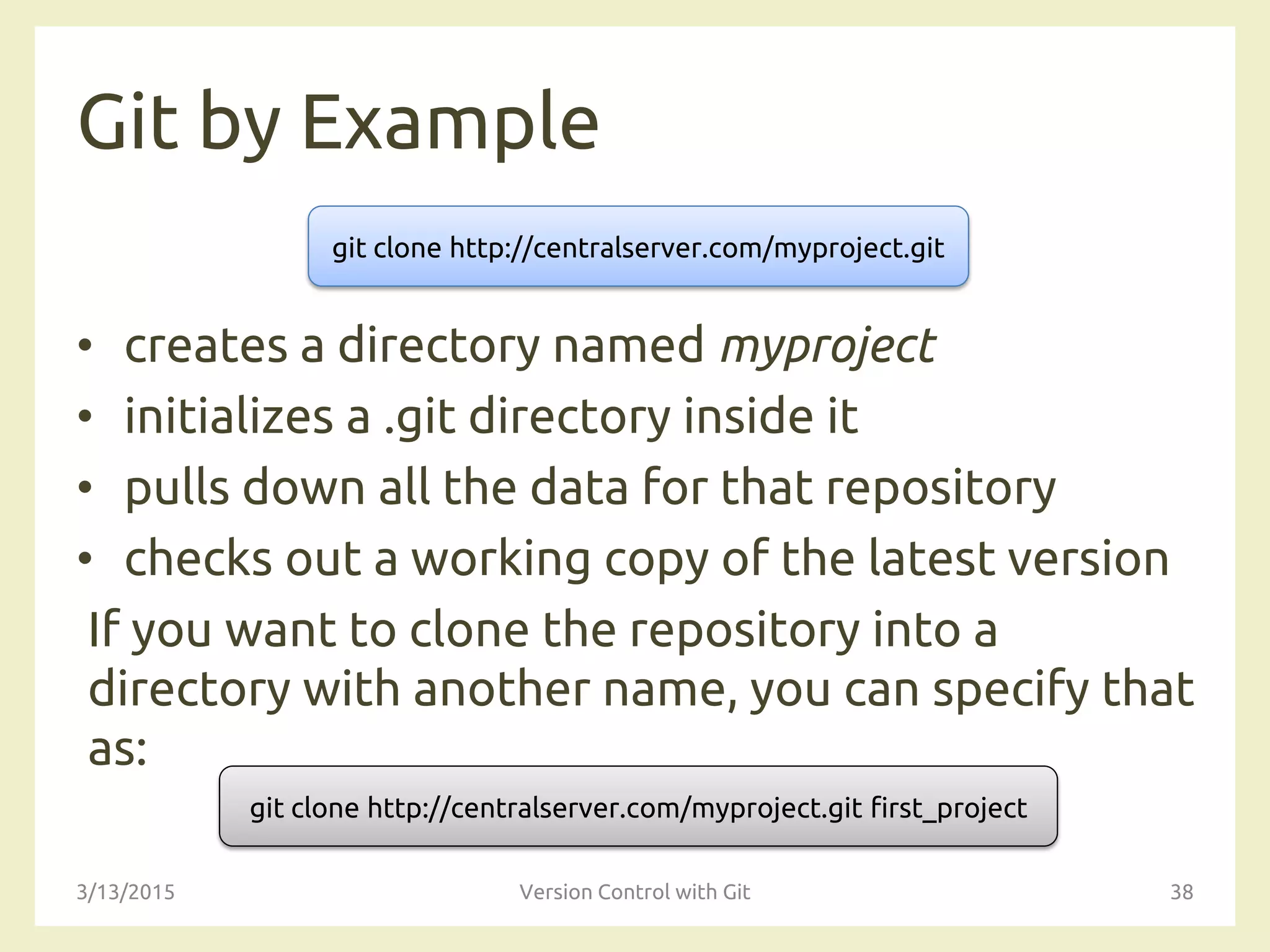 Git by Example
• creates a directory named myproject
• initializes a .git directory inside it
• pulls down all the data for that repository
• checks out a working copy of the latest version
If you want to clone the repository into a
directory with another name, you can specify that
as:
3/13/2015 Version Control with Git 38
git clone http://centralserver.com/myproject.git
git clone http://centralserver.com/myproject.git first_project
 