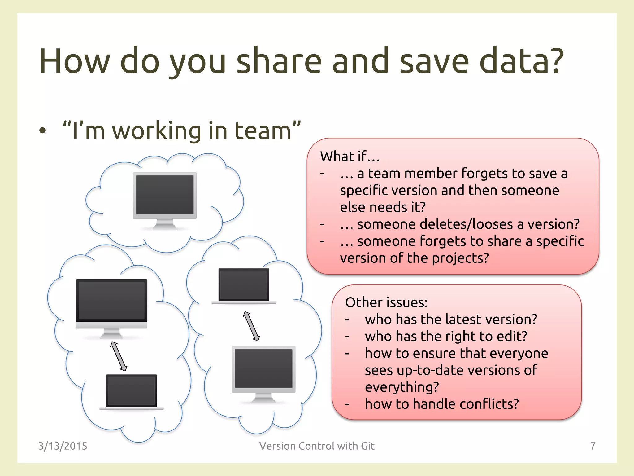 How do you share and save data?
• “I’m working in team”
3/13/2015 Version Control with Git 7
Other issues:
- who has the latest version?
- who has the right to edit?
- how to ensure that everyone
sees up-to-date versions of
everything?
- how to handle conflicts?
What if…
- … a team member forgets to save a
specific version and then someone
else needs it?
- … someone deletes/looses a version?
- … someone forgets to share a specific
version of the projects?
 