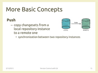 More Basic Concepts
Push
– copy changesets from a
local repository instance
to a remote one
• synchronization between two repository instances
3/13/2015 Version Control with Git 15
 