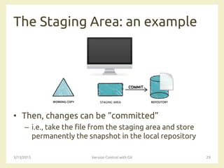 The Staging Area: an example
• Then, changes can be “committed”
– i.e., take the file from the staging area and store
permanently the snapshot in the local repository
3/13/2015 Version Control with Git 29
STAGING AREA
 