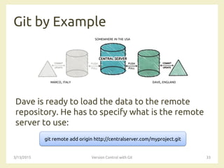 Git by Example
Dave is ready to load the data to the remote
repository. He has to specify what is the remote
server to use:
3/13/2015 Version Control with Git 33
SOMEWHERE IN THE USA
MARCO, ITALY DAVE, ENGLAND
git remote add origin http://centralserver.com/myproject.git
 