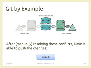 SOMEWHERE IN THE USA
MARCO, ITALY DAVE, ENGLAND
Git by Example
After (manually) resolving these conflicts, Dave is
able to push the changes:
3/13/2015 Version Control with Git 48
git push
 