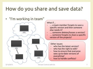 How do you share and save data?
• “I’m working in team”
3/13/2015 Version Control with Git 7
Other issues:
- who has the latest version?
- who has the right to edit?
- how to ensure that everyone
sees up-to-date versions of
everything?
- how to handle conflicts?
What if…
- … a team member forgets to save a
specific version and then someone
else needs it?
- … someone deletes/looses a version?
- … someone forgets to share a specific
version of the projects?
 
