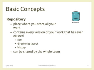 Basic Concepts
Repository
– place where you store all your
work
– contains every version of your work that has ever
existed
• files
• directories layout
• history
– can be shared by the whole team
3/13/2015 Version Control with Git 9
 