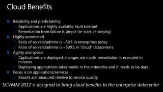 Cloud BenefitsReliability and predictabilityApplications are highly available, fault tolerantRemediation from failure is simple (re-start, re-deploy)Highly automatedRatio of servers/admins is ~50:1 in enterprises todayRatio of servers/admins is ~500:1 in “cloud” datacentersAgility and speedApplications are deployed, changes are made, remediation is executed in minutesDeploying applications takes weeks in the enterprise and it needs to be daysFocus is on applications/servicesResults are measured relative to service qualitySCVMM 2012 is designed to bring cloud benefits to the enterprise datacenter