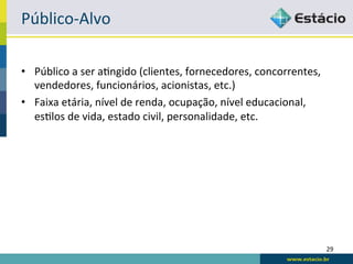 Público-­‐Alvo	
  

•  Público	
  a	
  ser	
  aRngido	
  (clientes,	
  fornecedores,	
  concorrentes,	
  
   vendedores,	
  funcionários,	
  acionistas,	
  etc.)	
  
•  Faixa	
  etária,	
  nível	
  de	
  renda,	
  ocupação,	
  nível	
  educacional,	
  
   esRlos	
  de	
  vida,	
  estado	
  civil,	
  personalidade,	
  etc.	
  




                                                                                         29	
  
 