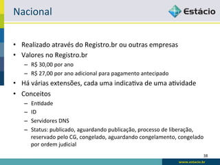 Nacional	
  

•  Realizado	
  através	
  do	
  Registro.br	
  ou	
  outras	
  empresas	
  
•  Valores	
  no	
  Registro.br	
  
     –  R$	
  30,00	
  por	
  ano	
  
     –  R$	
  27,00	
  por	
  ano	
  adicional	
  para	
  pagamento	
  antecipado	
  
•  Há	
  várias	
  extensões,	
  cada	
  uma	
  indicaRva	
  de	
  uma	
  aRvidade	
  
•  Conceitos	
  
     –    EnRdade	
  
     –    ID	
  
     –    Servidores	
  DNS	
  
     –    Status:	
  publicado,	
  aguardando	
  publicação,	
  processo	
  de	
  liberação,	
  
          reservado	
  pelo	
  CG,	
  congelado,	
  aguardando	
  congelamento,	
  congelado	
  
          por	
  ordem	
  judicial	
  
                                                                                               38	
  
 