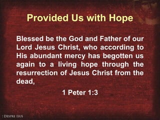 Provided Us with Hope Blessed be the God and Father of our Lord Jesus Christ, who according to His abundant mercy has begotten us again to a living hope through the resurrection of Jesus Christ from the dead, 1 Peter 1:3 