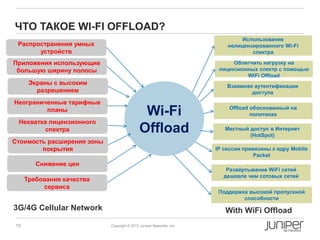 ЧТО ТАКОЕ WI-FI OFFLOAD?
                                                                               Использование
 Распространения умных                                                    нелицензированного Wi-Fi
       устройств                                                                  спектра

Приложения использующие                                                     Облегчить нагрузку на
 большую ширину полосы                                                 лицензионных спектр с помощью
                                                                                WiFi Offload
      Экраны с высоким                                                    Взаимная аутентификации
        разрешением                                                               доступа
Неограниченные тарифные
                                                                          Offload обоснованный на
         планы
                                              Wi-Fi                               политиках
 Нехватка лицензионного
         спектра                             Offload                     Местный доступ в Интернет
                                                                                 (HotSpot)
Стоимость расширения зоны
        покрытия                                                      IP сессии привязаны к ядру Mobile
                                                                                    Packet
        Снижение цен
                                                                         Развёртывание WiFi сетей
                                                                        дешевле чем сотовых сетей
     Требования качества
          сервиса
                                                                       Поддержка высокой пропускной
                                                                               способности
3G/4G Cellular Network                                                   With WiFi Offload
19                          Copyright © 2012 Juniper Networks, Inc.
 