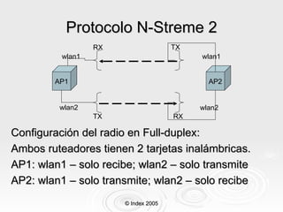 Protocolo N-Streme 2 <ul><li>Configuración del radio en Full-duplex:  </li></ul><ul><li>Ambos ruteadores tienen  2  tarjet...