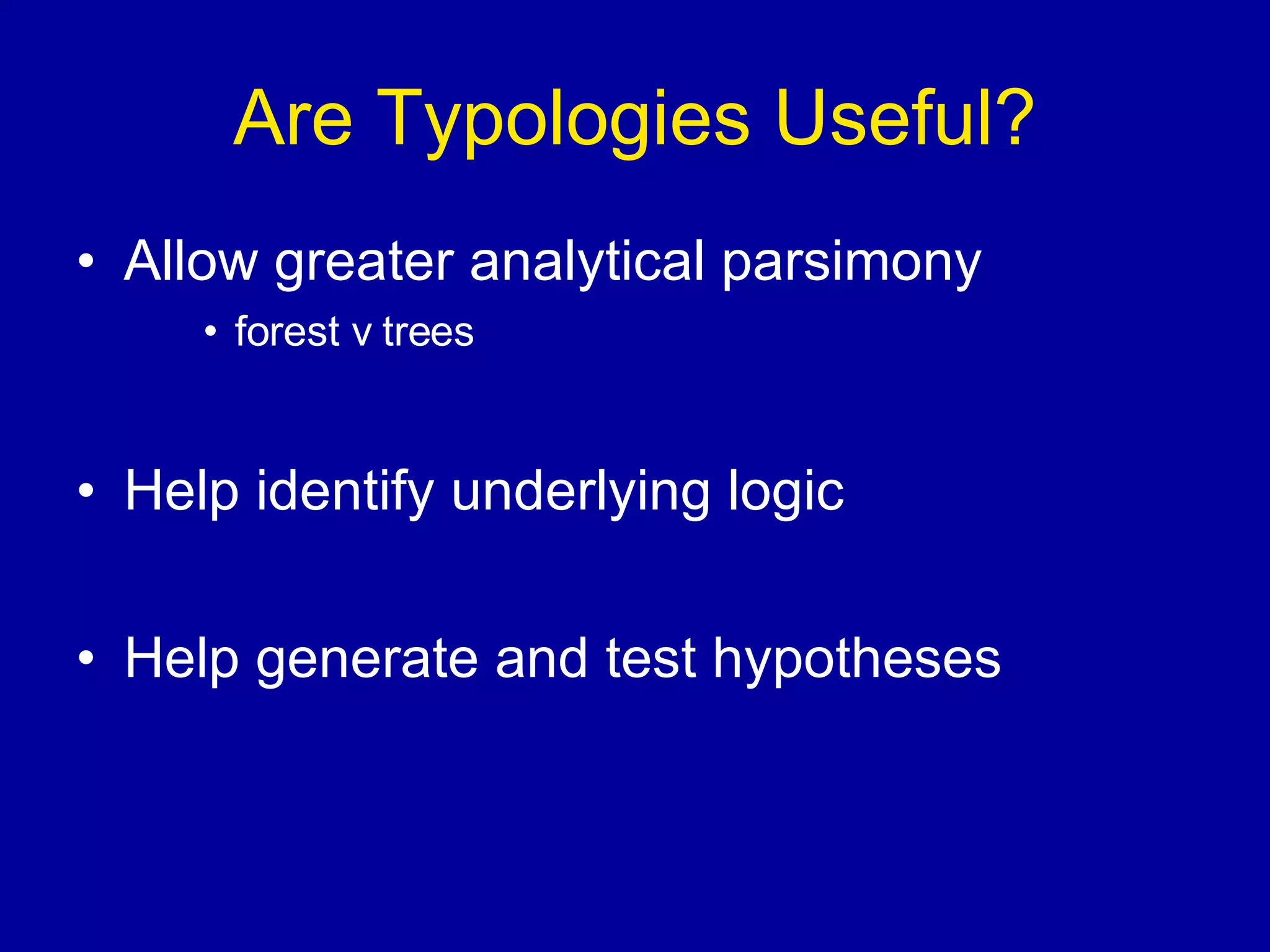 Are Typologies Useful? Allow greater analytical parsimony forest v trees  Help identify underlying logic Help generate and test hypotheses 