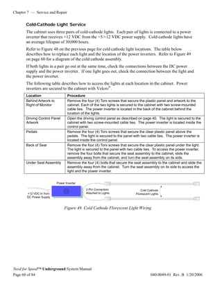 Chapter 7 — Service and Repair


       Cold-Cathode Light Service
       The cabinet uses three pairs of cold-cathode lights. Each pair of lights is connected to a power
       inverter that receives +12 VDC from the +5/+12 VDC power supply. Cold-cathode lights have
       an average lifespan of 30,000 hours.
       Refer to Figure 48 on the previous page for cold cathode light locations. The table below
       describes how to replace each light and the location of the power inverters. Refer to Figure 49
       on page 60 for a diagram of the cold cathode assembly.
       If both lights in a pair go out at the same time, check the connections between the DC power
       supply and the power inverter. If one light goes out, check the connection between the light and
       the power inverter.
       The following table describes how to access the lights at each location in the cabinet. Power
       inverters are secured to the cabinet with Velcro®.
       Location                   Procedure
       Behind Artwork to          Remove the four (4) Torx screws that secure the plastic panel and artwork to the
       Right of Monitor           cabinet. Each of the two lights is secured to the cabinet with two screw-mounted
                                  cable ties. The power inverter is located in the back of the cabinet behind the
                                  location of the lights.
       Driving Control Panel      Open the driving control panel as described on page 40. The light is secured to the
       Artwork                    cabinet with two screw-mounted cable ties. The power inverter is located inside the
                                  control panel.
       Pedals                     Remove the four (4) Torx screws that secure the clear plastic panel above the
                                  pedals. The light is secured to the panel with two cable ties. The power inverter is
                                  located inside the control panel.
       Back of Seat               Remove the four (4) Torx screws that secure the clear plastic panel under the light.
                                  The light is secured to the panel with two cable ties. To access the power inverter,
                                  remove the four bolts that secure the seat assembly to the cabinet, slide the
                                  assembly away from the cabinet, and turn the seat assembly on its side.
       Under Seat Assembly        Remove the four (4) bolts that secure the seat assembly to the cabinet and slide the
                                  assembly away from the cabinet. Turn the seat assembly on its side to access the
                                  light and the power inverter.


                           Power Inverter

                                             2-Pin Connectors                  Cold Cathode
       +12 VDC In from                       Attached to Lights             Florescent Lights
       DC Power Supply


                                Figure 49. Cold Cathode Florescent Light Wiring




Need for Speed™ Underground System Manual
Page 60 of 84                                                                          040-0049-01 Rev. B 1/20/2006
 
