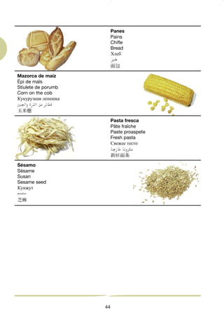 44
Panes
Pains
Chifle
Bread
Хлеб
面包
Pasta fresca
Pâte fraîche
Paste proaspete
Fresh pasta
Свежее тесто
新鲜面条
Mazorca de maíz
Épi de maïs
Stiulete de porumb
Corn on the cob
Кукурузная лепешка
玉米穗
Sésamo
Sésame
Susan
Sesame seed
Кунжут
芝麻
040-044 CEREALES TOPI:Maquetación 1 7/11/07 16:02 Página 44
 