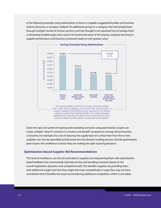 - 12 - © 2001 - 2008 Emptoris, Inc.
In the following example, using optimization to factor in supplier-suggested bundles and business
volume discounts, a company realized 7% additional savings. In a category that had already been
through multiple rounds of reverse auctions and was thought to be squeezed dry of savings, that’s
a substantial breakthrough and a source of incremental value of the buying company. Factoring in
supplier performance and business constraints leads to even greater value.
This sourcing example is illustrative of results commonly achieved
across a wide range of categories, such as temp labor, electronic parts, or
computer equipment. With flexible up-front requirements that allowed
suppliers to express their preferred bundles, this company leveraged
optimization to review bids including business volume discounts and a
variety of different bundling options, as expressed by the suppliers.
$3,400
$3,350
$3,300
$3,250
$3,200
$3,150
$3,100
$3,050
$3,000
$2,950
$3,367
$3,212
$3,138 $3,131
Savings
of 7%
Reverse
auction
award
Award with
business volume
discounts
Award with
bundling
Award with
bundling and
business volume
discounts
TotalCostofAward($000)
Savings Example Using Optimization
Given the ease and speed of creating and evaluating scenarios using optimization, buyers can
create multiple“what-if”scenarios to conduct cost-benefit comparisons among various business
constraints. For example, the cost of reducing the supply base of a critical item from five to two
suppliers can now be quantified and factored into the decision-making process. Overall, optimization
gives buyers the confidence to know they are making the right sourcing decisions.
Optimization-Based Supplier Bid Recommendations
This level of confidence can also be extended to suppliers by empowering them with optimization-
based feedback that recommends alternate pricing and bundling scenarios based on the
overall negotiation dynamics and competitive bids.This benefits suppliers by providing them
with additional insight into how they might bid more competitively, in ways they may not have
considered. And, it benefits the buyer by introducing additional competition, which is not solely
 