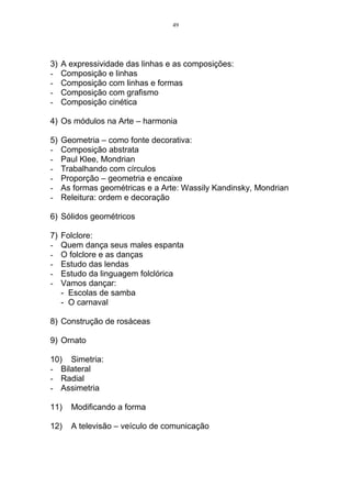 49




3)   A expressividade das linhas e as composições:
-    Composição e linhas
-    Composição com linhas e formas
-    Composição com grafismo
-    Composição cinética

4) Os módulos na Arte – harmonia

5)   Geometria – como fonte decorativa:
-    Composição abstrata
-    Paul Klee, Mondrian
-    Trabalhando com círculos
-    Proporção – geometria e encaixe
-    As formas geométricas e a Arte: Wassily Kandinsky, Mondrian
-    Releitura: ordem e decoração

6) Sólidos geométricos

7)   Folclore:
-    Quem dança seus males espanta
-    O folclore e as danças
-    Estudo das lendas
-    Estudo da linguagem folclórica
-    Vamos dançar:
     - Escolas de samba
     - O carnaval

8) Construção de rosáceas

9) Ornato

10) Simetria:
- Bilateral
- Radial
- Assimetria

11)    Modificando a forma

12)    A televisão – veículo de comunicação
 