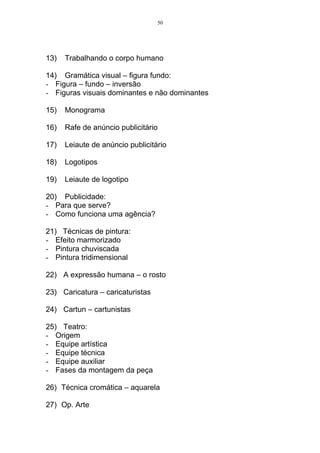 50




13)   Trabalhando o corpo humano

14) Gramática visual – figura fundo:
- Figura – fundo – inversão
- Figuras visuais dominantes e não dominantes

15)   Monograma

16)   Rafe de anúncio publicitário

17)   Leiaute de anúncio publicitário

18)   Logotipos

19)   Leiaute de logotipo

20) Publicidade:
- Para que serve?
- Como funciona uma agência?

21) Técnicas de pintura:
- Efeito marmorizado
- Pintura chuviscada
- Pintura tridimensional

22) A expressão humana – o rosto

23) Caricatura – caricaturistas

24) Cartun – cartunistas

25) Teatro:
- Origem
- Equipe artística
- Equipe técnica
- Equipe auxiliar
- Fases da montagem da peça

26) Técnica cromática – aquarela

27) Op. Arte
 