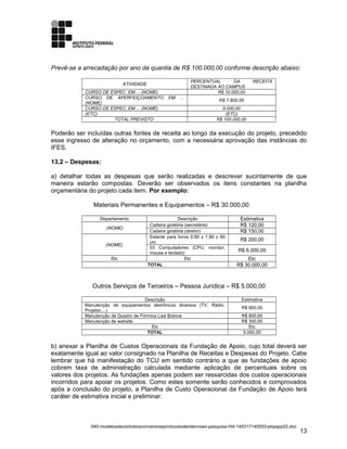 Prevê-se a arrecadação por ano da quantia de R$ 100.000,00 conforme descrição abaixo:
ATIVIDADE
PERCENTUAL DA RECEITA
DESTINADA AO CAMPUS
CURSO DE ESPEC. EM ... (NOME) R$ 10.000,00
CURSO DE APERFEIÇOAMENTO EM ...
(NOME)
R$ 7.800,00
CURSO DE ESPEC. EM ... (NOME) 9.000,00
(ETC) (ETC)
TOTAL PREVISTO R$ 100.000,00
Poderão ser incluídas outras fontes de receita ao longo da execução do projeto, precedido
esse ingresso de alteração no orçamento, com a necessária aprovação das instâncias do
IFES.
13.2 – Despesas:
a) detalhar todas as despesas que serão realizadas e descrever sucintamente de que
maneira estarão compostas. Deverão ser observados os itens constantes na planilha
orçamentária do projeto cada item. Por exemplo:
Materiais Permanentes e Equipamentos – R$ 30.000,00
Departamento Descrição Estimativa
(NOME)
Cadeira giratória (secretária) R$ 120,00
Cadeira giratória (diretor) R$ 150,00
(NOME)
Estante para livros 0,90 x 1,90 x 60
cm
R$ 200,00
03 Computadores (CPU, monitor,
mouse e teclado)
R$ 6.000,00
Etc Etc Etc
TOTAL R$ 30.000,00
Outros Serviços de Terceiros – Pessoa Jurídica – R$ 5.000,00
Descrição Estimativa
Manutenção de equipamentos eletrônicos diversos (TV, Rádio,
Projetor,...)
R$ 600,00
Manutenção de Quadro de Fórmica Lisa Branca R$ 800,00
Manutenção de website R$ 300,00
Etc Etc
TOTAL 5.000,00
b) anexar a Planilha de Custos Operacionais da Fundação de Apoio, cujo total deverá ser
exatamente igual ao valor consignado na Planilha de Receitas e Despesas do Projeto. Cabe
lembrar que há manifestação do TCU em sentido contrário a que as fundações de apoio
cobrem taxa de administração calculada mediante aplicação de percentuais sobre os
valores dos projetos. As fundações apenas podem ser ressarcidas dos custos operacionais
incorridos para apoiar os projetos. Como estes somente serão conhecidos e comprovados
após a conclusão do projeto, a Planilha de Custo Operacional da Fundação de Apoio terá
caráter de estimativa inicial e preliminar.
040-modelosdecontratosconvenioseprotocolodeintencoes-pesquisa-r04-140317140553-phpapp02.doc
13
 