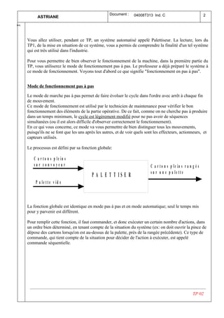 Document :     04008T313 Ind. C                                2
            ASTRIANE
  .
Ind




      Vous allez utiliser, pendant ce TP, un système automatisé appelé Palettiseur. La lecture, lors du
      TP1, de la mise en situation de ce système, vous a permis de comprendre la finalité d'un tel système
      qui est très utilisé dans l'industrie.

      Pour vous permettre de bien observer le fonctionnement de la machine, dans la première partie du
      TP, vous utiliserez le mode de fonctionnement pas à pas. Le professeur a déjà préparé le système à
      ce mode de fonctionnement. Voyons tout d'abord ce que signifie "fonctionnement en pas à pas".


      Mode de fonctionnement pas à pas

      Le mode de marche pas à pas permet de faire évoluer le cycle dans l'ordre avec arrêt à chaque fin
      de mouvement.
      Ce mode de fonctionnement est utilisé par le technicien de maintenance pour vérifier le bon
      fonctionnement des éléments de la partie opérative. De ce fait, comme on ne cherche pas à produire
      dans un temps minimum, le cycle est légèrement modifié pour ne pas avoir de séquences
      simultanées (ou il est alors difficile d'observer correctement le fonctionnement).
      En ce qui vous concerne, ce mode va vous permettre de bien distinguer tous les mouvements,
      puisqu'ils ne se font que les uns après les autres, et de voir quels sont les effecteurs, actionneurs, et
      capteurs utilisés.

      Le processus est défini par sa fonction globale:

         C a r t o n s p le in s
         su r con voyeu r                                                     C a r t o n s p le in s r a n g é s
                                                                              s u r u n e p a le t t e
                                           P A L E T T IS E R
           P a le t t e v id e



      La fonction globale est identique en mode pas à pas et en mode automatique; seul le temps mis
      pour y parvenir est différent.

      Pour remplir cette fonction, il faut commander, et donc exécuter un certain nombre d'actions, dans
      un ordre bien déterminé, en tenant compte de la situation du système (ex: on doit ouvrir la pince de
      dépose des cartons lorsqu'on est au-dessus de la palette, près de la rangée précédente). Ce type de
      commande, qui tient compte de la situation pour décider de l'action à exécuter, est appelé
      commande séquentielle.




                                                                                                            TP 02
 