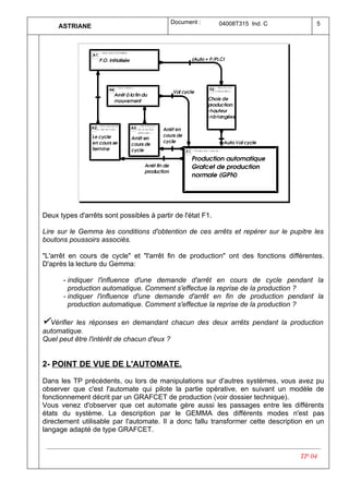 Document :       04008T315 Ind. C           5
     ASTRIANE




Deux types d'arrêts sont possibles à partir de l'état F1.

Lire sur le Gemma les conditions d'obtention de ces arrêts et repérer sur le pupitre les
boutons poussoirs associés.

"L'arrêt en cours de cycle" et "l'arrêt fin de production" ont des fonctions différentes.
D'après la lecture du Gemma:

       - indiquer l'influence d'une demande d'arrêt en cours de cycle pendant la
         production automatique. Comment s'effectue la reprise de la production ?
       - indiquer l'influence d'une demande d'arrêt en fin de production pendant la
         production automatique. Comment s'effectue la reprise de la production ?

ü Vérifierles réponses en demandant chacun des deux arrêts pendant la production
automatique.
Quel peut être l'intérêt de chacun d'eux ?


2- POINT DE VUE DE L'AUTOMATE.

Dans les TP précédents, ou lors de manipulations sur d'autres systèmes, vous avez pu
observer que c'est l'automate qui pilote la partie opérative, en suivant un modèle de
fonctionnement décrit par un GRAFCET de production (voir dossier technique).
Vous venez d'observer que cet automate gère aussi les passages entre les différents
états du système. La description par le GEMMA des différents modes n'est pas
directement utilisable par l'automate. Il a donc fallu transformer cette description en un
langage adapté de type GRAFCET.


                                                                                  TP 04
 