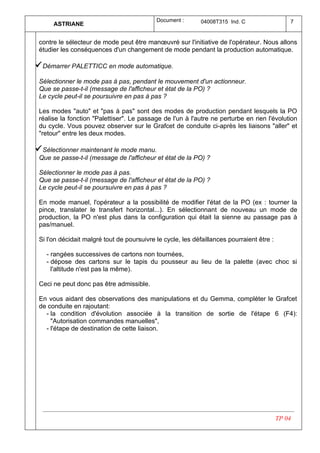 Document :      04008T315 Ind. C                   7
      ASTRIANE


 contre le sélecteur de mode peut être manœuvré sur l'initiative de l'opérateur. Nous allons
 étudier les conséquences d'un changement de mode pendant la production automatique.

ü Démarrer PALETTICC en mode automatique.
 Sélectionner le mode pas à pas, pendant le mouvement d'un actionneur.
 Que se passe-t-il (message de l'afficheur et état de la PO) ?
 Le cycle peut-il se poursuivre en pas à pas ?

 Les modes "auto" et "pas à pas" sont des modes de production pendant lesquels la PO
 réalise la fonction "Palettiser". Le passage de l'un à l'autre ne perturbe en rien l'évolution
 du cycle. Vous pouvez observer sur le Grafcet de conduite ci-après les liaisons "aller" et
 "retour" entre les deux modes.

ü Sélectionner maintenant le mode manu.
 Que se passe-t-il (message de l'afficheur et état de la PO) ?

 Sélectionner le mode pas à pas.
 Que se passe-t-il (message de l'afficheur et état de la PO) ?
 Le cycle peut-il se poursuivre en pas à pas ?

 En mode manuel, l'opérateur a la possibilité de modifier l'état de la PO (ex : tourner la
 pince, translater le transfert horizontal...). En sélectionnant de nouveau un mode de
 production, la PO n'est plus dans la configuration qui était la sienne au passage pas à
 pas/manuel.

 Si l'on décidait malgré tout de poursuivre le cycle, les défaillances pourraient être :

   - rangées successives de cartons non tournées,
   - dépose des cartons sur le tapis du pousseur au lieu de la palette (avec choc si
     l'altitude n'est pas la même).

 Ceci ne peut donc pas être admissible.

 En vous aidant des observations des manipulations et du Gemma, compléter le Grafcet
 de conduite en rajoutant:
   - la condition d'évolution associée à la transition de sortie de l'étape 6 (F4):
     "Autorisation commandes manuelles",
   - l'étape de destination de cette liaison.




                                                                                           TP 04
 