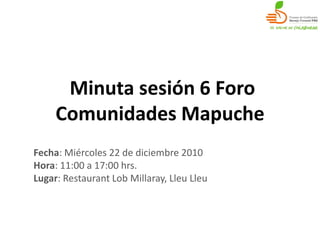 Minuta sesión 6 Foro
     Comunidades Mapuche
Fecha: Miércoles 22 de diciembre 2010
Hora: 11:00 a 17:00 hrs.
Lugar: Restaurant Lob Millaray, Lleu Lleu
 