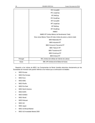 38 DIARIO OFICIAL Lunes 4 de enero de 2016
IPC CompMX
IPC LargeCap
IPC MidCap
IPC SmallCap
IRT CompMX
IRT LargeCap
IRT MidCap
IRT SmallCap
INMEX
INMEX RT (Indice México de Rendimiento Total)
Dow Jones México Titans 20 Index (Indice de precio y retorno total)
BMV-Materiales RT
BMV-Industrial RT
BMV-Consumo Frecuente RT
BMV Telecom RT
BMV-Transforma RT
BMV-Construye RT
BMV-Enlace RT
Portugal BVL (Indice de la Bolsa de Valores de Lisboa)
Suiza SMI, SPI (Indices de la Bolsa de Suiza)
Respecto a los índices de MSCI, los Componentes de Renta Variable adquiridos directamente por las
Sociedades de Inversión sólo podrán referirse a los índices que a continuación se detallan:
• MSCI Europa
• MSCI Pan Europa
• MSCI Euro
• MSCI EMU
• MSCI Pacific
• MSCI Far East
• MSCI North America
• MSCI EAFE
• MSCI EASEA
• MSCI World
• MSCI Kokusai
• MSCI UK
• MSCI Japan
• MSCI US Broad Market
• MSCI US Investable Market 2500
 