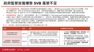 資料來源 :
• SVB 內部風管失衡：SVB 2022年大多時間不設首席風險官（CRO），原CRO Laura Izureta於 2022 年 4 月停職，同年
10 月離開公司。同年 12 月交由 Kim Olson 接手，但她在紐約遠端工作，遠離 SVB 大部份高層。據 Fed 副主席
Michael S. Barr 於 2023 年 3 月 27 日國會聽證會表示，SVB 沒有開發利率風險的模型或指標，過度忽視利率風險。
• 政府監管放寬：2021 年，SVB 快速增長，進入了大型跨國銀行（The Large and Foreign Banking Organizations,
LFBO）組合（資產介於 1000 億美元和 2500 億美元），2018 年川普政府推動《經濟增長、監管改革和消費者保護法案》
（Economic Growth, Regulatory Relief, and Consumer Protection Act, EGRRCPA），部分廢除 2010 年《多德 - 弗
蘭克法案》（Dodd - Frank Act）的限制，也連帶放寬 LFBO 的監管規定，讓美國中小銀行出現流動性風險管理的潛在
缺陷。目前拜登已經要求廢止川普的 EGRRCPA 法案。
政府監管放寬導致 SVB 風管不足
10
自行整理
表 1-7：《經濟增長、監管救濟和消費者保護法》和《多德-弗蘭克法案》比較
法規 年度 目的 法規變革對 SVB 影響
《多德-弗蘭克法案》
（Dodd-Frank Act）
2010 年
為避免重蹈 2008 年金融危機，提高金融監管透明
度、問責制和穩定性。引入沃克法則（Volcker
rule），禁止銀行從事自營性質的高風險投資業務。
• 欠缺嚴格的董事會壓力測試、擠兌測試、流
動性要求、生前遺囑（危機管理計劃）
• SVB 不需要向 Fed 提交其他測試，另外由
於過度期和每兩年一次的壓力測試的時間安
排，SVB到 2024 年才會有壓力測試
• LFBO 量身定制了其資本和流動性規則，因
此， SVB 不受流動性覆蓋率、淨穩定資金
率、補充槓桿率的限制
《經濟增長、監管救濟和消
費者保護法》（EGRRCPA）
2018 年
放寬銀行監管、消費者保護並促進經濟增長。如小
型銀行法規豁免、提升審慎監理規範的閾值銀行規
模從100億提升到2500億美金、簡化沃克法則
 