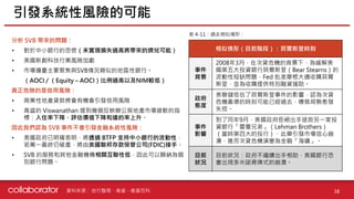 資料來源 :
分析 SVB 帶來的問題：
• 對於中小銀行的恐慌（未實現損失過高將帶來的擠兌可能）
• 美國新創科技行業風險加劇
• 市場擔憂主要聚焦與SVB情況類似的地區性銀行。
（AOCI / （Equity – AOCI）比例過高以及NIM較低）
真正危險的是信用風險：
• 商業性地產貸款將會有機會引發信用風險
• 高盛的 Viswanathan 提到幾個反映辦公房地產市場疲軟的指
標：入住率下降、評估價值下降和違約率上升。
因此我們認為 SVB 事件不會引發金融系統性風險：
• 美國政府已明確表明，將透過 BTFP 支持中小銀行的流動性，
若萬一最終仍破產，將由美國聯邦存款保管公司(FDIC)接手。
• SVB 的服務和其他金融機構相關互聯性低，因此可以歸納為個
別銀行問題。
自行整理、高盛、維基百科 38
引發系統性風險的可能
相似情形（目前階段）：貝爾斯登時刻
事件
背景
2008年3月，在次貸危機的背景下，為緩解美
國第五大投資銀行貝爾斯登（Bear Stearns）的
流動性短缺問題，Fed 批准摩根大通收購貝爾
斯登，並為收購提供特別融資援助。
政府
態度
美聯儲低估了貝爾斯登事件的影響，認為次貸
危機最壞的時刻可能已經過去，導致局勢愈發
失控。
事件
影響
到了同年9月，美國政府拒絕出手拯救另一家投
資銀行「雷曼兄弟」（Lehman Brothers）
（當時第四大的投行），此舉引發市場信心崩
潰，進而次貸危機演變為金融「海嘯」。
目前
狀況
目前狀況：政府不繼續出手相助，美國銀行恐
會出現多米諾骨牌式的崩潰。
表 4-11：過去相似情形：
 