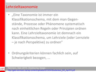 Lehrzieltaxonomie <ul><li>„ Eine Taxonomie ist immer ein Klassifikationsschema, mit dem man Gegen- stände, Prozesse oder P...