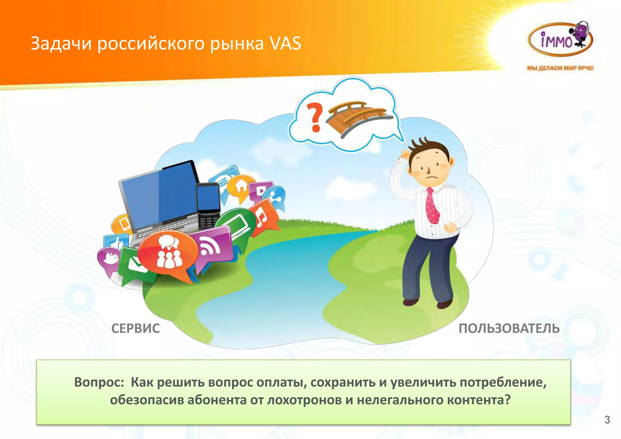 Задачи российского рынка VAS
3
Вопрос: Как решить вопрос оплаты, сохранить и увеличить потребление,
обезопасив абонента от лохотронов и нелегального контента?
СЕРВИС ПОЛЬЗОВАТЕЛЬ
 