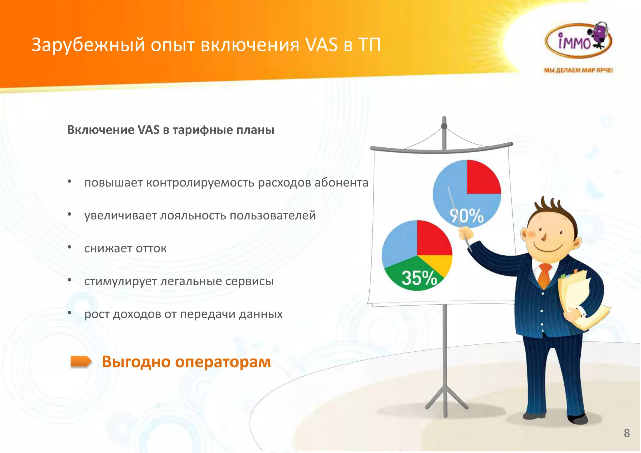 Зарубежный опыт включения VAS в ТП
8
Включение VAS в тарифные планы
Выгодно операторам
• повышает контролируемость расходов абонента
• увеличивает лояльность пользователей
• снижает отток
• стимулирует легальные сервисы
• рост доходов от передачи данных
 