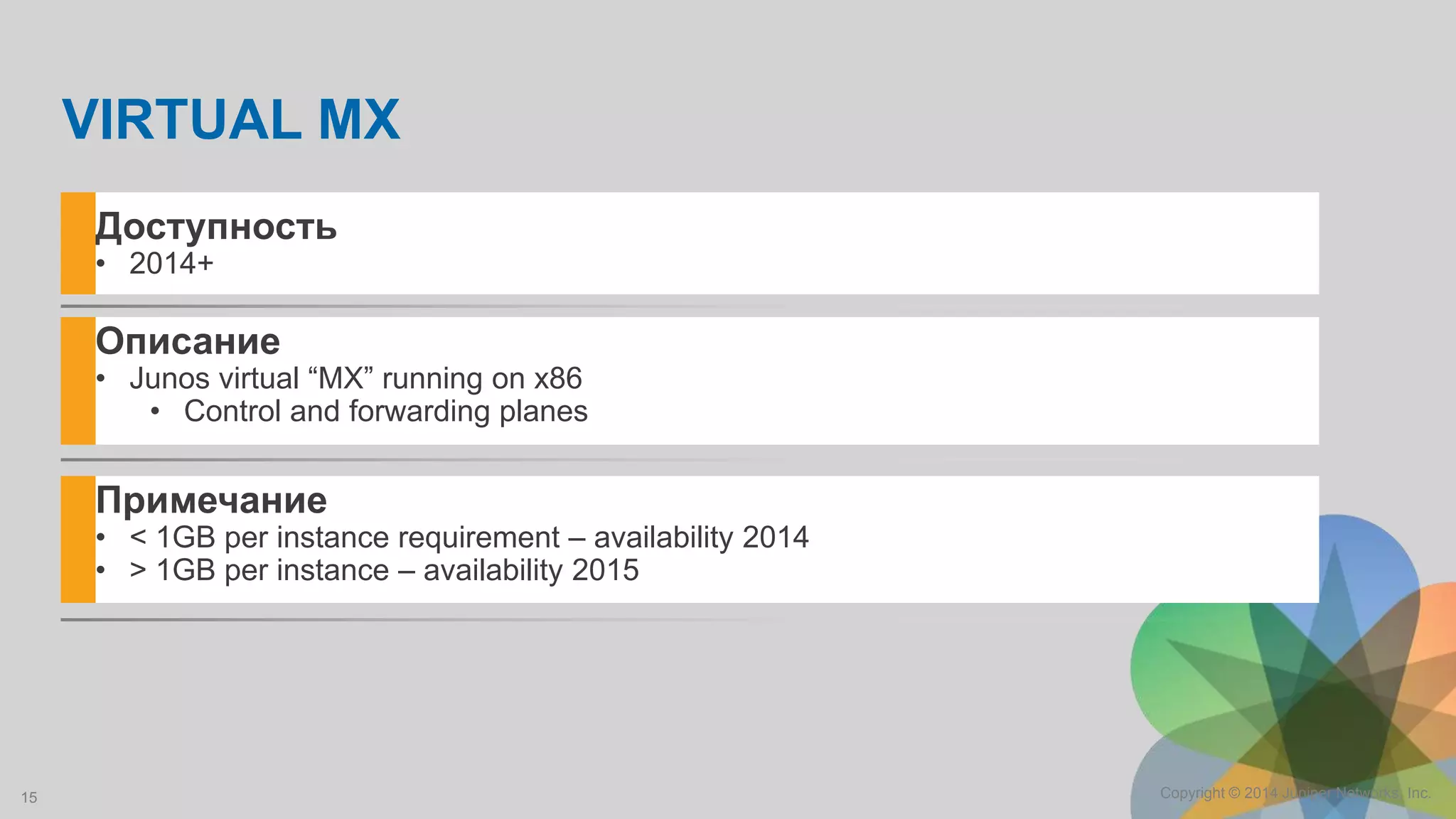 15 Copyright © 2014 Juniper Networks, Inc.
VIRTUAL MX
Описание
• Junos virtual “MX” running on x86
• Control and forwarding planes
Примечание
• < 1GB per instance requirement – availability 2014
• > 1GB per instance – availability 2015
Доступность
• 2014+
 