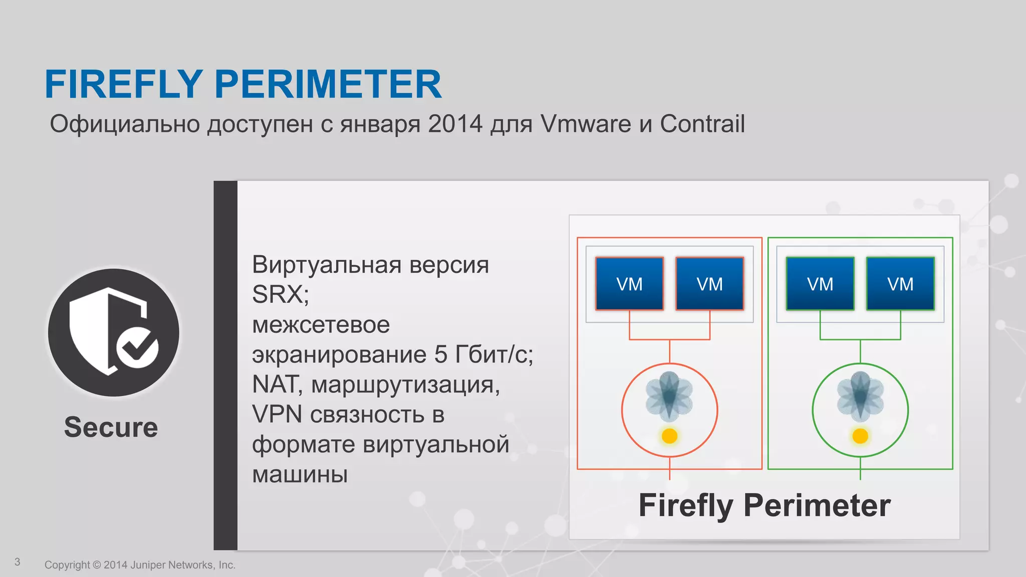 Copyright © 2014 Juniper Networks, Inc.3
FIREFLY PERIMETER
Firefly Perimeter
VMVM
Виртуальная версия
SRX;
межсетевое
экранирование 5 Гбит/с;
NAT, маршрутизация,
VPN связность в
формате виртуальной
машины
Официально доступен с января 2014 для Vmware и Contrail
VM VM
Secure
 