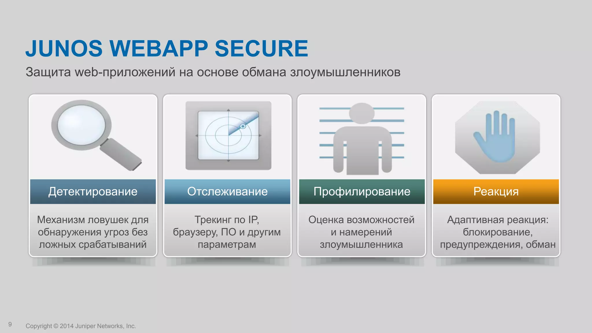 Copyright © 2014 Juniper Networks, Inc.9
Механизм ловушек для
обнаружения угроз без
ложных срабатываний
Трекинг по IP,
браузеру, ПО и другим
параметрам
Оценка возможностей
и намерений
злоумышленника
Адаптивная реакция:
блокирование,
предупреждения, обман
Защита web-приложений на основе обмана злоумышленников
JUNOS WEBAPP SECURE
Детектирование Отслеживание Профилирование Реакция
 