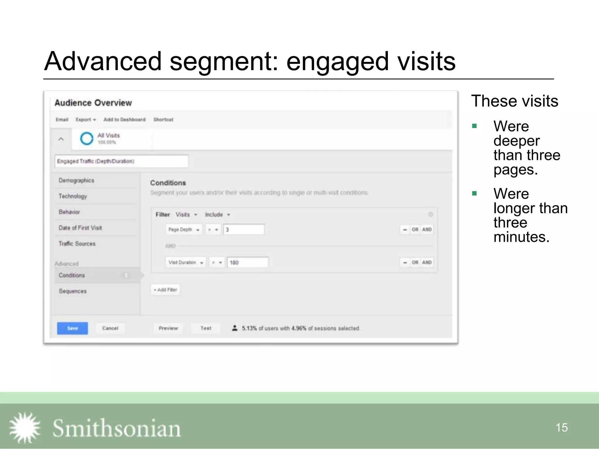 15
Advanced segment: engaged visits
These visits
 Were
deeper
than three
pages.
 Were
longer than
three
minutes.
 