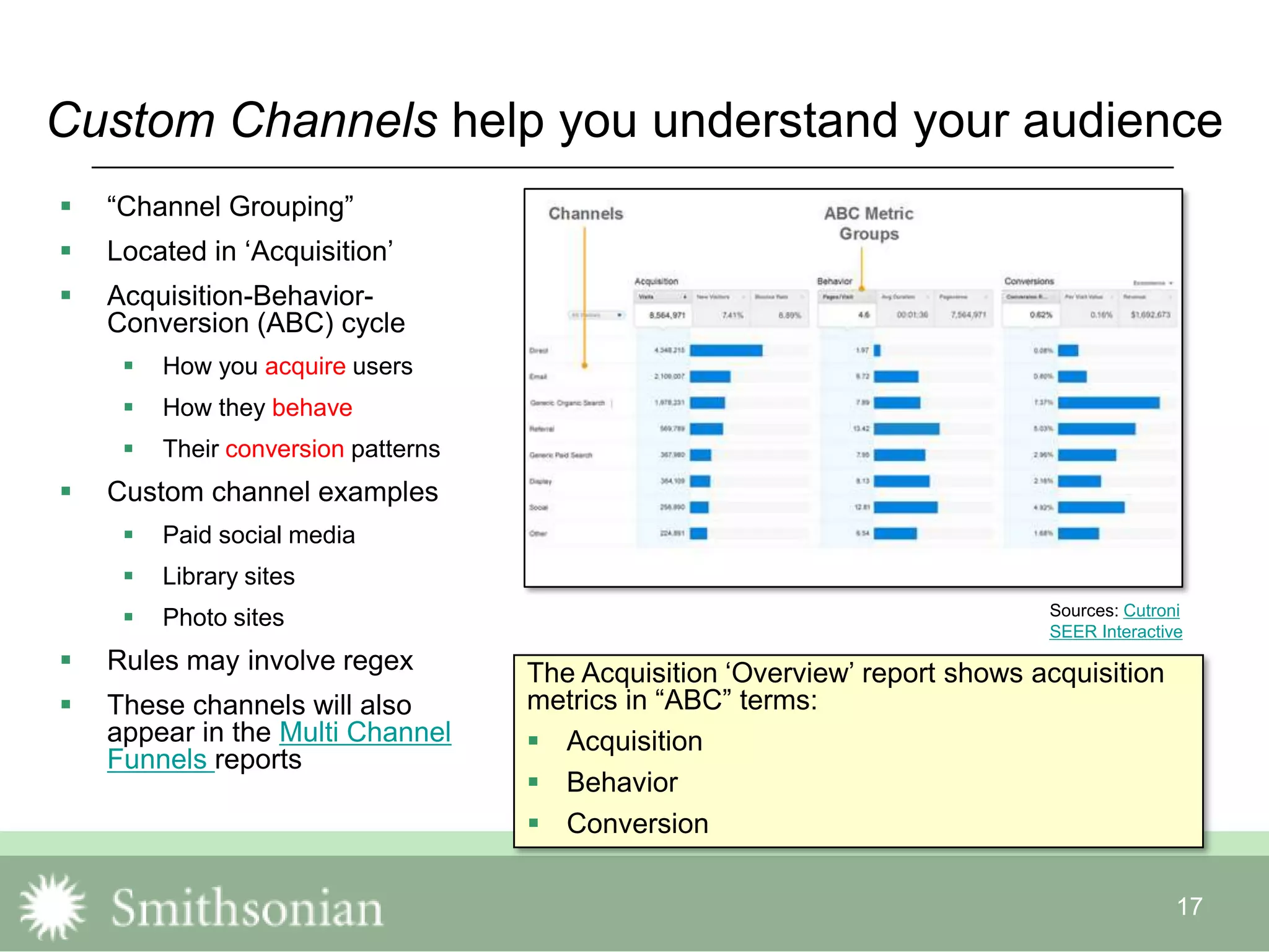 17
Custom Channels help you understand your audience
 “Channel Grouping”
 Located in „Acquisition‟
 Acquisition-Behavior-
Conversion (ABC) cycle
 How you acquire users
 How they behave
 Their conversion patterns
 Custom channel examples
 Paid social media
 Library sites
 Photo sites
 Rules may involve regex
 These channels will also
appear in the Multi Channel
Funnels reports
Sources: Cutroni
SEER Interactive
The Acquisition „Overview‟ report shows acquisition
metrics in “ABC” terms:
 Acquisition
 Behavior
 Conversion
 