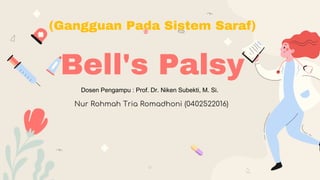 (Gangguan Pada Sistem Saraf)
Bell's Palsy
Nur Rohmah Tria Romadhoni (0402522016)
Dosen Pengampu : Prof. Dr. Niken Subekti, M. Si.
 